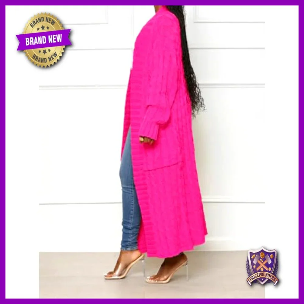 Chunky Cable Knit Cardigan with Pockets, Maxi Length, Oversized Fit - Picture 3 of 7